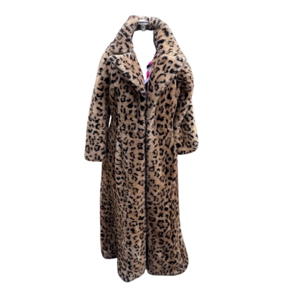 Vintage 90s Betsy Johnson Faux fur, full length leopard swing coat